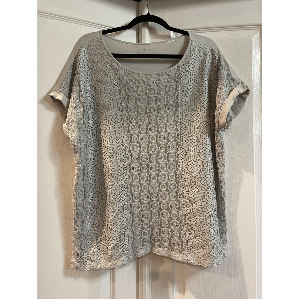Chico's Shirt Womens 3 Gray Crochet Front Scoop Neck Short Sleeve Tunic Top